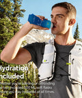 Man wearing ultralight running hydration vest with two 500ml TPU soft flasks, unisex water backpack for trail running and hiking.