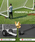 Smooth Rolling No Sweat Soccer Goal Dolly With High Lift Puncture Proof Tires For Easy Field Moves and Zero Fuss Relocation Of Heavy Duty Goals Up To 1300 Pounds in use with lifting mechanism demonstrated.