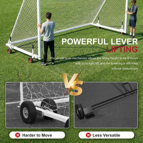 Smooth Rolling No Sweat Soccer Goal Dolly With High Lift Puncture Proof Tires For Easy Field Moves and Zero Fuss Relocation Of Heavy Duty Goals Up To 1300 Pounds in use with lifting mechanism demonstrated.