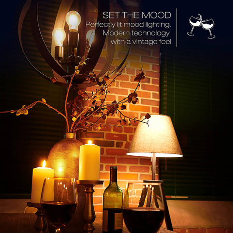 Bluetooth Enabled Soft White Filament A19 LED Bulb for HomeKit and Siri Control, ambient lighting scene on table
