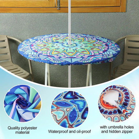 Two Pack Round Outdoor Tablecloths With Umbrella Hole Anti Wrinkle Polyester Hidden Zipper Elastic Edge Fit For 45 To 53 Inch Tables Mandala Design Perfect For Patio Hangouts Camping And Summer Parties, shown on a table outdoors.