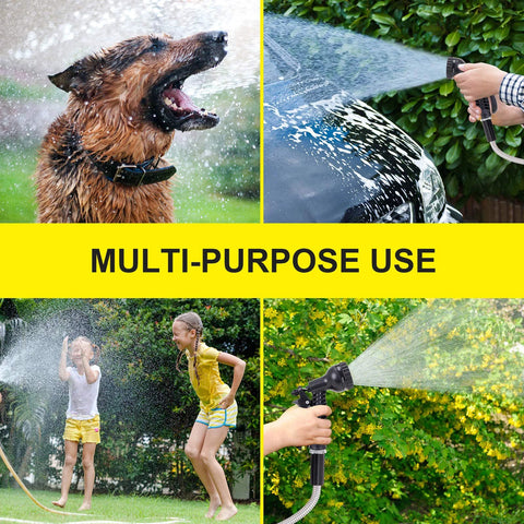 FOXEASE 25 ft stainless steel water hose with 2 nozzles for lawn care, car wash, and outdoor play.