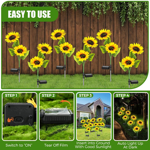 8 Pcs Solar Sunflower Lights With 16 LED Sunflower Solar Flowers Outdoor Garden Decor LED Stake Lights Waterproof For Pathways, Lawns, And Yards No Fuss Setup Auto On At Dusk No Wiring Energy Saving shown in garden setup with instructions