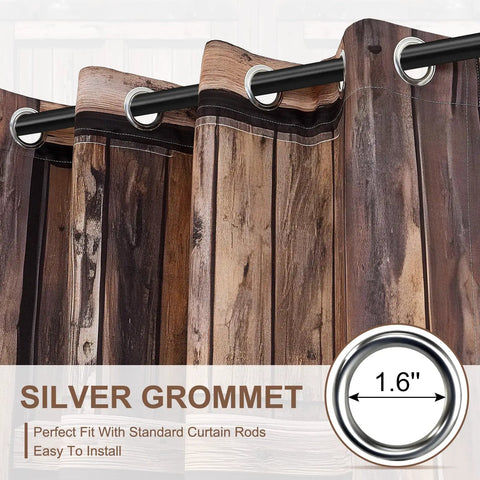 Real Deal Rustic Barn Door Blackout Curtains Featuring Vintage Wood Grain Art Heavy Duty Thermal Insulation Slick Grommet Drapes For Effortless Home Refresh Two Panel Bundle showing silver grommets.