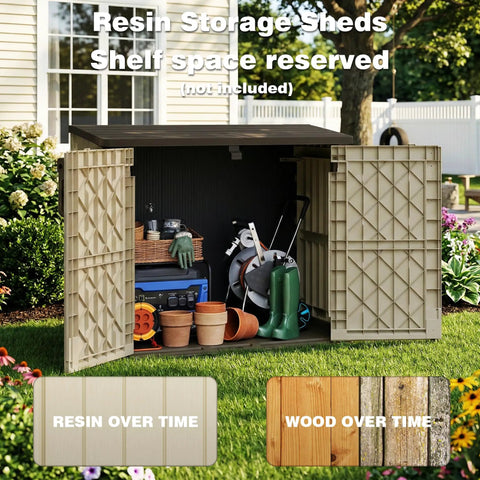 Open Weatherproof 36 Cu Ft Outdoor Storage Box With Lockable Doors, showing garden tools and accessories inside.