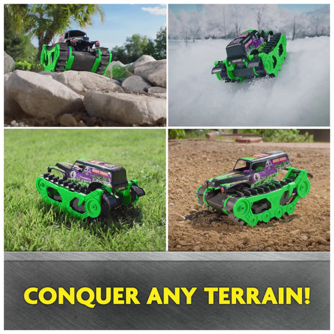 Grave Digger Trax All Terrain Remote Control Vehicle in outdoor settings; rocks, snow, grass, dirt showcasing tank treads.