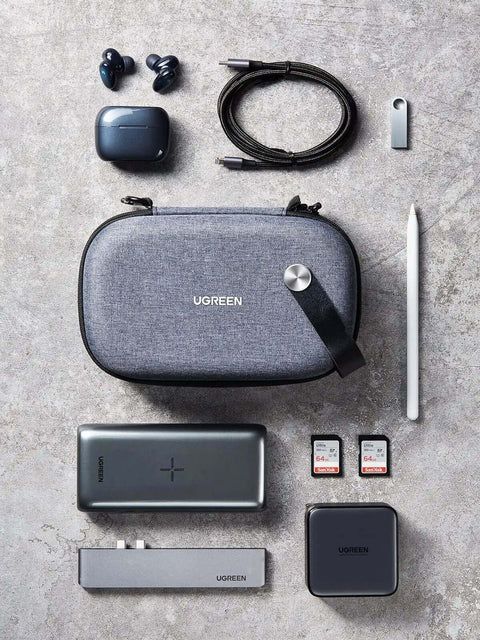 Rugged Hardshell Tech Organizer Travel Case Packs All Your Fresh Gadgets Square With Nifty Double Layer Pouch For Cables Chargers And Memory Cards In Sleek Space Grey with tech gadgets laid out.