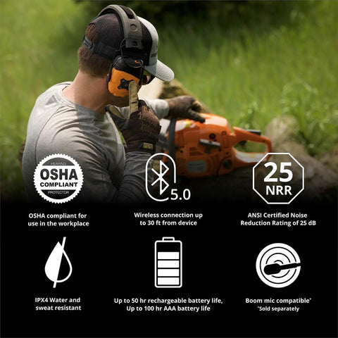 Worker using Bluetooth Hearing Protection Earmuffs For Worksite Use With Noise Reduction And All Day Comfort Heavy Duty OSHA Compliant Earmuffs Headphones For Busy Jobsites