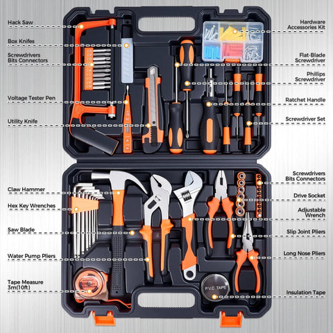 160 Piece Home And Car Tool Set With Tool Box Your Go To DIY Hand Tool Kit For Everyday Home Repairs And Car Fixes Built Tough For Men Ready For Any Quick Fix From The Garage To The Apartment featuring various tools organized in an open black toolbox