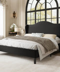 Queen Size Velvet Upholstered Bed Frame With Tall Wingback Headboard And Channel Quilting Modern Retro Bedroom Furniture In Black with cozy bedding