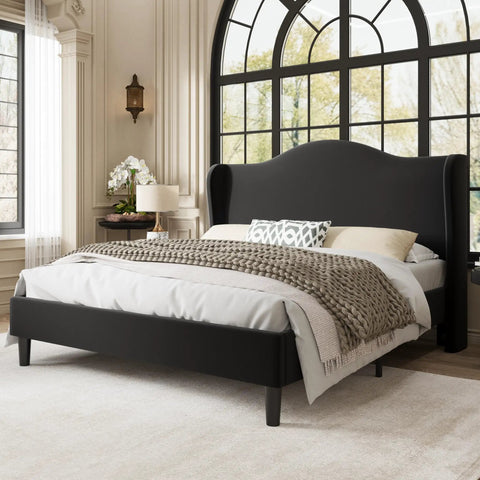 Queen Size Velvet Upholstered Bed Frame With Tall Wingback Headboard And Channel Quilting Modern Retro Bedroom Furniture In Black with cozy bedding
