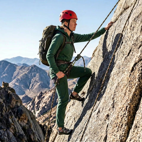 Climber on rock face using Half Inch By One Hundred Foot Static Polyester Arborist Rope With 9000 Lbs MBS And 48 Strands Beast Of A Rope
