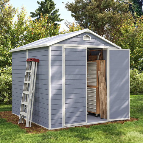 8x6 Ft Outdoor Resin Storage Shed With Window And Floor Lockable Doors Waterproof Plastic Tool Shed with sloped roof in garden