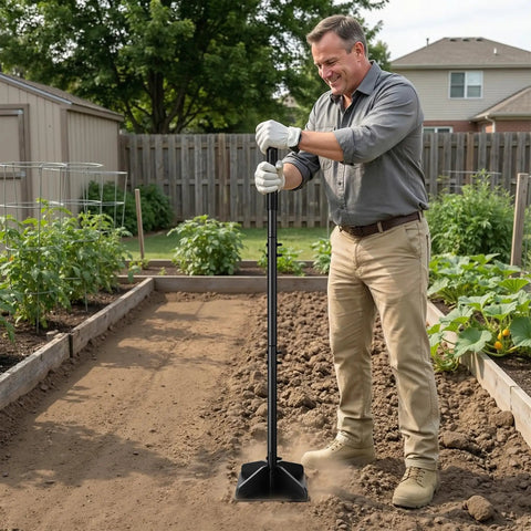Heavy Duty Steel Garden Tamper With 48 Inch Handle And Rubber Grip For Soil Gravel Asphalt And Lawn in use in vegetable garden