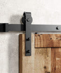 Close-up of Rustic Black Non Bypass Sliding Barn Door Hardware Kit for One Door with four and a half foot flat track.