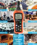 PT6508 Digital Temperature Humidity Meter With Ambient Dew Point And Wet Bulb showing usage in various industries