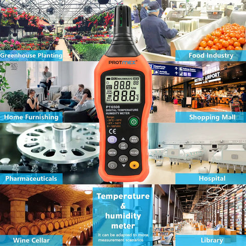 PT6508 Digital Temperature Humidity Meter With Ambient Dew Point And Wet Bulb showing usage in various industries