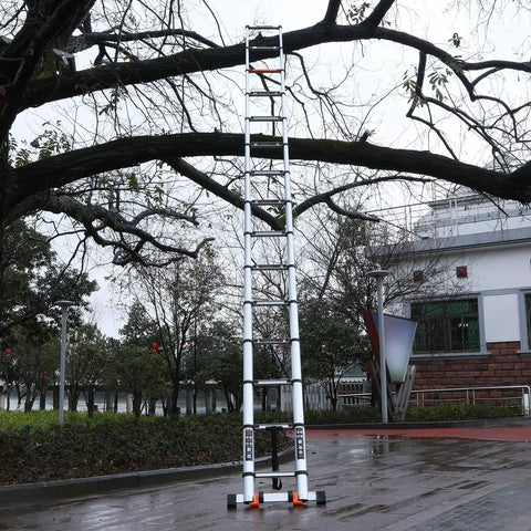 Telescoping Aluminum Ladder 12.5 Foot Lightweight Extension Collapsible Ladder For RV Home Loft Attic 330 Lbs Capacity outdoors