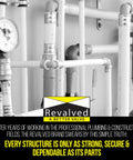 Revalved brand logo with plumbing and construction pipes background, emphasizing strong and secure parts.