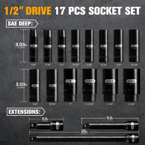 Half inch drive 17 piece socket set with deep sockets, 3-inch, 10-inch extensions shown on gray background.