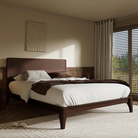 Total Game Changer Full Size Bamboo Platform Bed Frame With Extra Tall Headboard Heavy Duty Wood Slat Support Mid Century Modern Espresso Finish in a stylish bedroom setting.