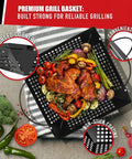 Massive Three Piece Grill Basket Set For Outdoor Grillin Heavy Duty Nonstick Veggie Pans With Riveted Handles Warp Resistant BBQ Accessories For Veggies Seafood And Meat Perfect For Family Cookouts And Backyard Barbecues showing food in square basket