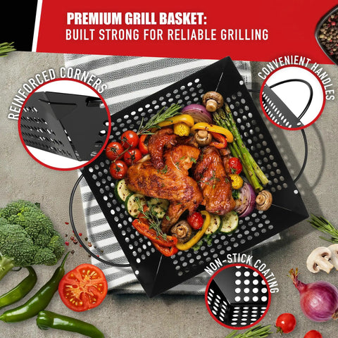 Massive Three Piece Grill Basket Set For Outdoor Grillin Heavy Duty Nonstick Veggie Pans With Riveted Handles Warp Resistant BBQ Accessories For Veggies Seafood And Meat Perfect For Family Cookouts And Backyard Barbecues showing food in square basket