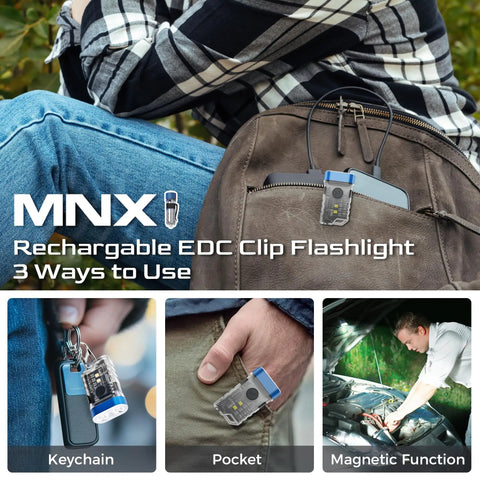 Rechargeable EDC Clip Flashlight With USB C Charge, Dual Illumination Angles, 10 Modes, Magnetic Base, in three use scenarios
