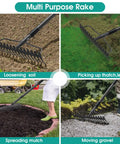 63 Inch Heavy Duty Metal Bow Rake With 17 Tines For Lawn And Garden Cleanup Leaves Debris Mulch Gravel Thatch And Landscaping Tasks, Beast Yard Rake For Tough Outdoor Jobs in use for soil, thatch, mulch, and gravel.