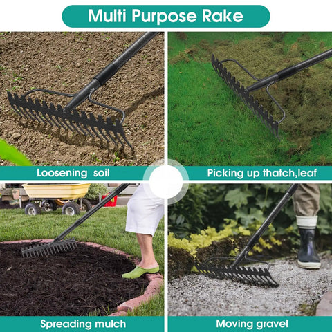 63 Inch Heavy Duty Metal Bow Rake With 17 Tines For Lawn And Garden Cleanup Leaves Debris Mulch Gravel Thatch And Landscaping Tasks, Beast Yard Rake For Tough Outdoor Jobs in use for soil, thatch, mulch, and gravel.