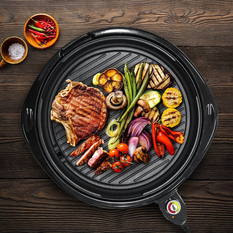 EMG 980BX Indoor Electric Round Nonstick Grill With Cool Touch Handle Fast Heat Up 14 Inch Dishwasher Safe Includes Glass Lid