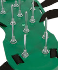 Close-up of green Three Buckle Lawn Aerator Shoes with 13 two-inch metal spikes, showing durable construction and adjustable straps.