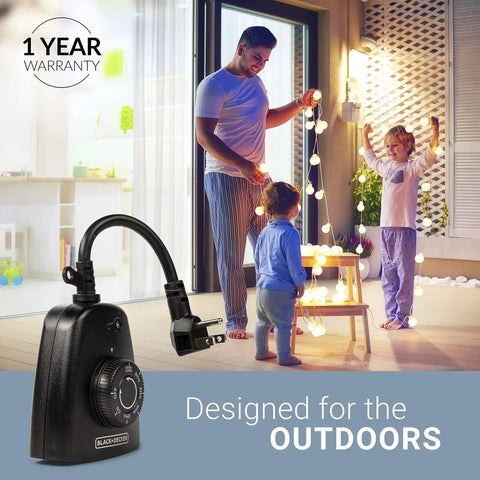 No Sweat Outdoor Timer With Three Grounded Outlets for Weatherproof Porch Lighting and Backyard Schedule Control Plug and Play setup in use, family decorating.