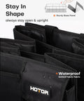 Close-up of black Foldable Car Trunk Organizer with three compartments and six mesh pockets, showing waterproof Oxford fabric.