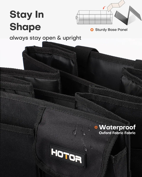 Close-up of black Foldable Car Trunk Organizer with three compartments and six mesh pockets, showing waterproof Oxford fabric.