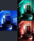 2.4Ghz WiFi Bluetooth RGB Landscape Lights Kit illuminating a patio entrance in blue, green, and red hues showcasing color variation.