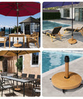 Teak Finish Patio Umbrella Base With Four Wheels, 44 Lb Round Heavy Duty Concrete Stand For Outdoor Market Umbrellas by a pool