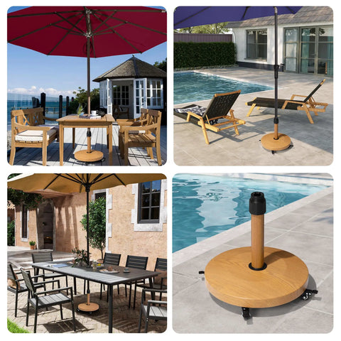 Teak Finish Patio Umbrella Base With Four Wheels, 44 Lb Round Heavy Duty Concrete Stand For Outdoor Market Umbrellas by a pool