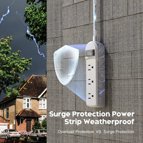 Outdoor Weatherproof Power Strip With 3 Outlets And 9.2 Ft Extension Cord Surge Protector mounted on wall during storm
