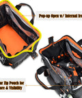 16 Inch Heavy Duty Tool Bag With 34 Pockets Open Top Organizer for HVAC and Electricians showing inside compartments with tools