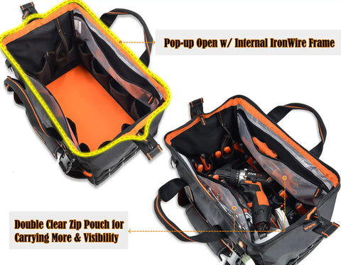 16 Inch Heavy Duty Tool Bag With 34 Pockets Open Top Organizer for HVAC and Electricians showing inside compartments with tools