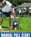 User operating Power Packed 53cc Garden Tiller With 15 Inch Cultivator Width Liftable Booster Rod Easy Start on lawn
