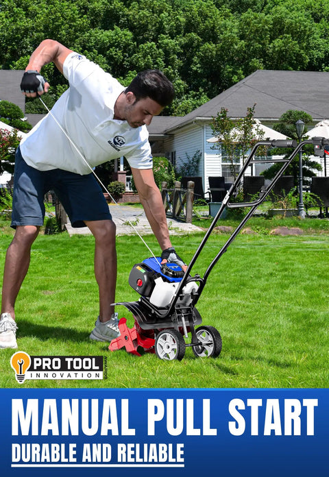 User operating Power Packed 53cc Garden Tiller With 15 Inch Cultivator Width Liftable Booster Rod Easy Start on lawn