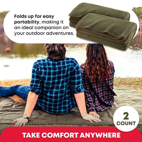 Couple sitting on Olive Drab Green Fire Retardant Wool Blanket 66 By 90 Inch Beefy Heavy Duty Military Style 80 Percent Wool 2 Pack