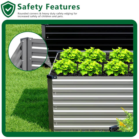 Galvanized Raised Garden Bed Kit For Outdoor Patio, Large 8x4x2 Ft Rectangular Metal Planter Boxes with safety features and plants