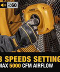 Close-up of 20 Inch Industrial High Velocity Drum Fan With 3-Speed Tilting Head, showing control knob and glove adjusting settings.