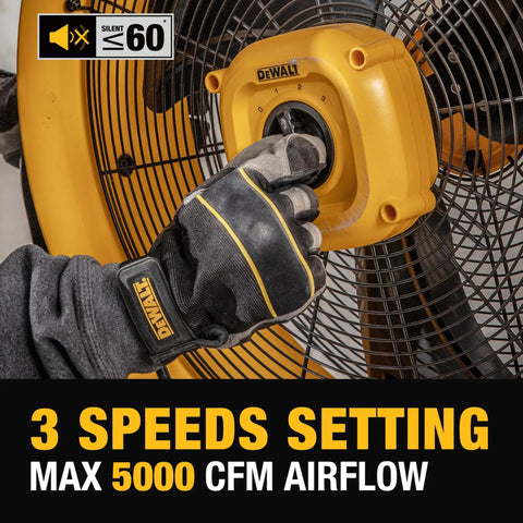 Close-up of 20 Inch Industrial High Velocity Drum Fan With 3-Speed Tilting Head, showing control knob and glove adjusting settings.