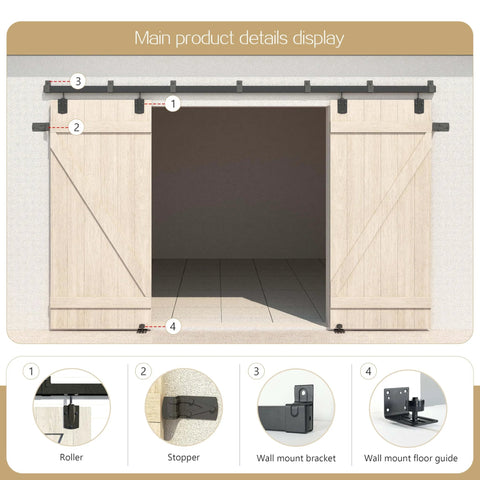 Image of Heavy Duty Outdoor Sliding Barn Door Hardware Kit For Exterior Use With 450 Lb Capacity Black Powder Coated Finish Built To Endure Outdoor Weather Tough As Nails Fits Two Doors Up To 144 Inches Wide installed on a wall with wooden double doors.