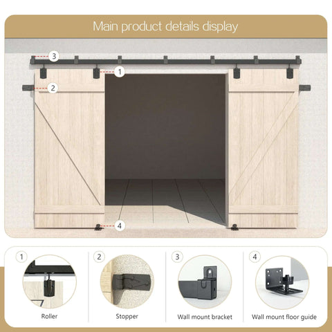 20 Foot Heavy Duty Box Rail Exterior Sliding Barn Door Hardware Kit With 450 Lbs Capacity showing roller, stopper, bracket, guide
