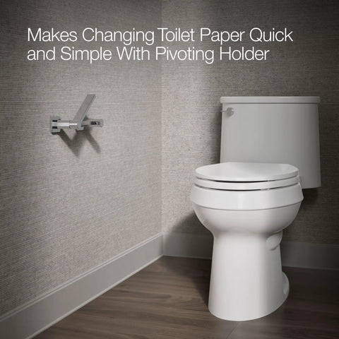 Pivoting Toilet Paper Holder That Makes Replacing Rolls A Breeze, Modern Square Frame With Round Accents, Satin Nickel, Next to Toilet